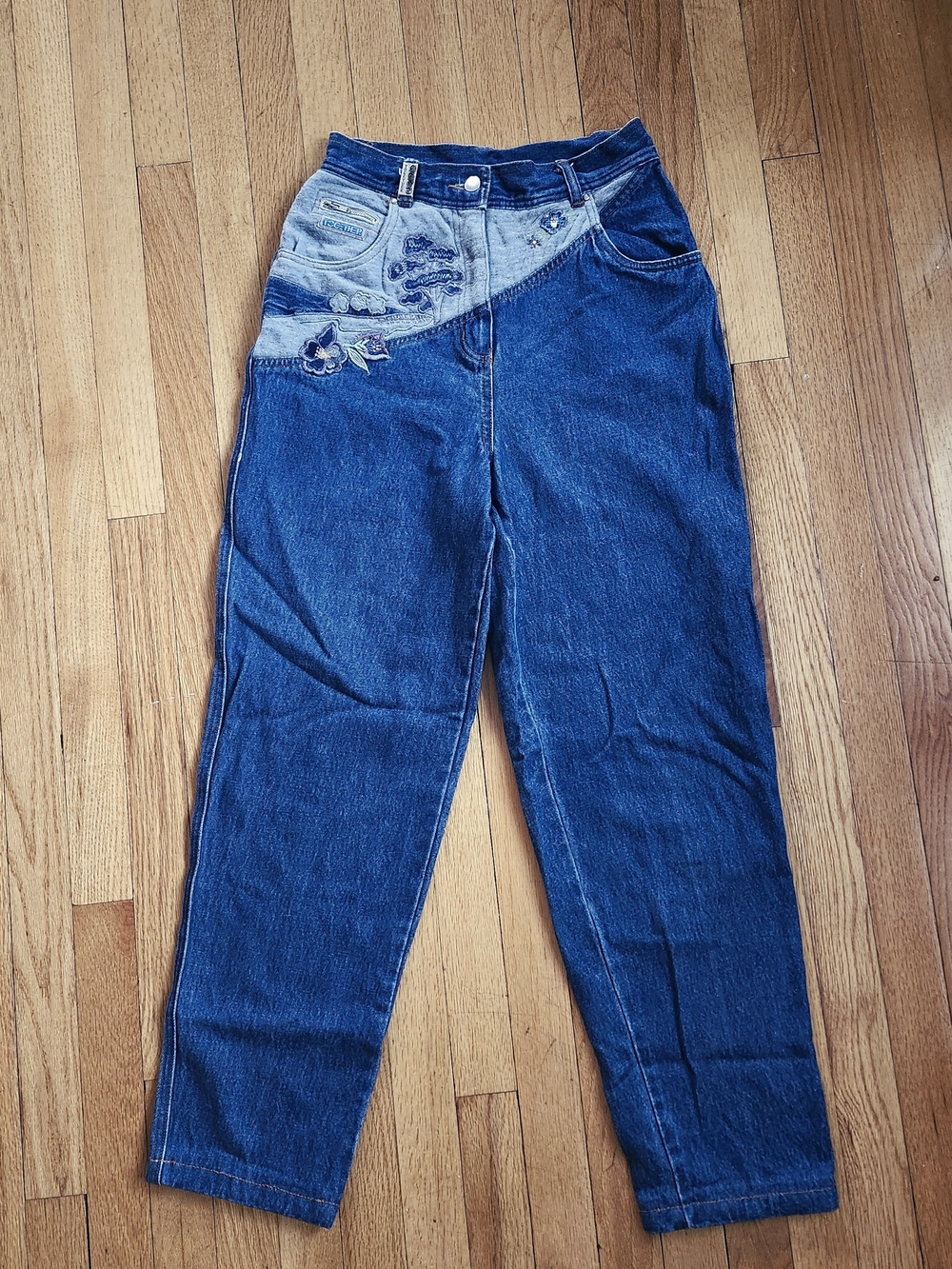 Together Vintage 1980s Two-Tone High-Rise Mom Jeans with Floral Embroidery